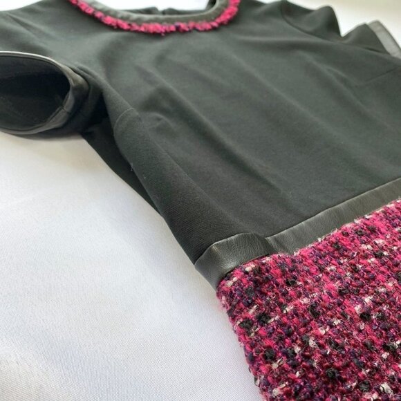 KARL LAGERFELD BLACK BURGUNDY TWEED WOOL BLEND FAUX LEATHER COMBO DRESS - 2 - Picture 7 of 9